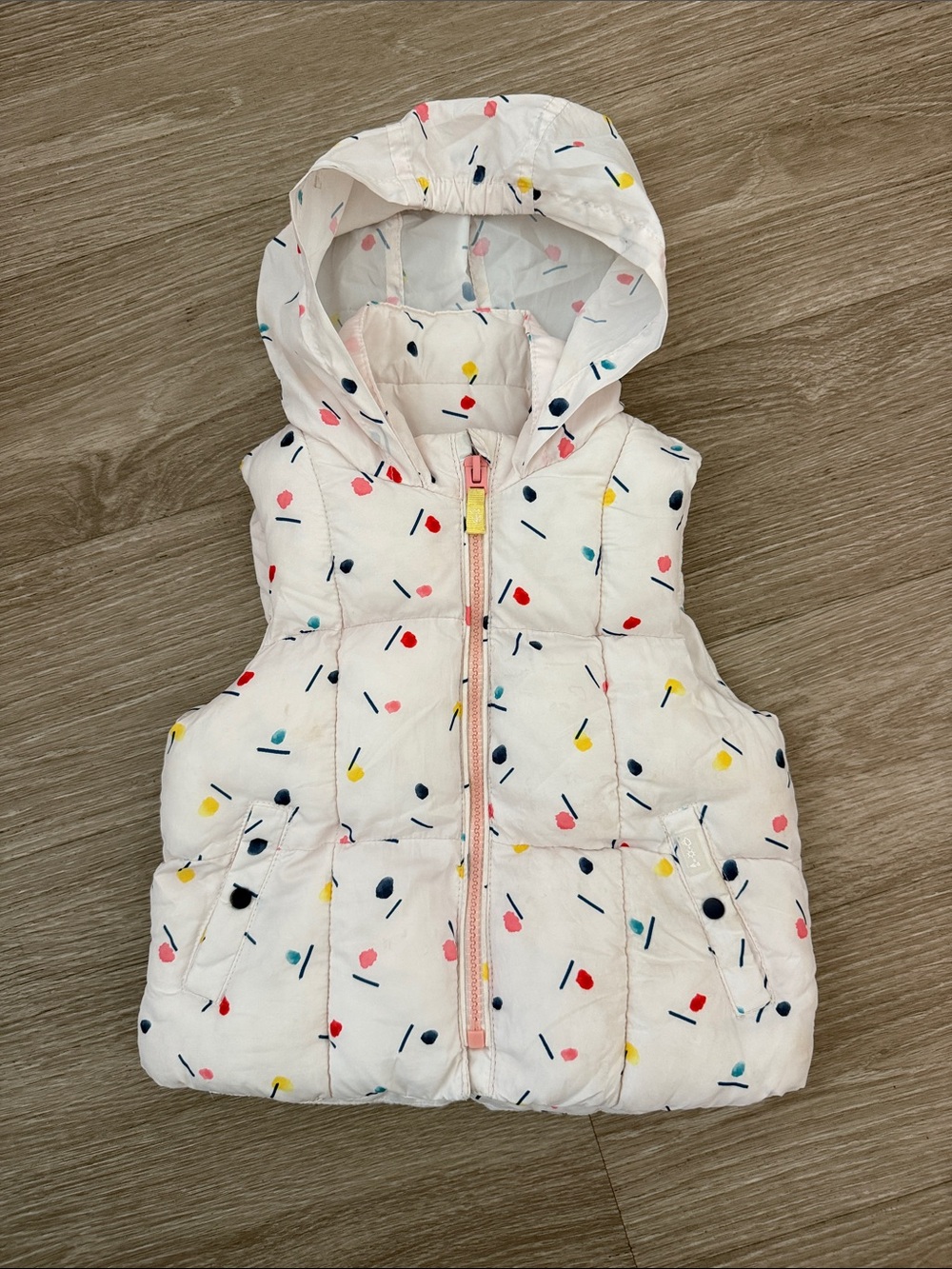 Zara Kids White Hooded Puffer Vest with Multicolor Dot Print